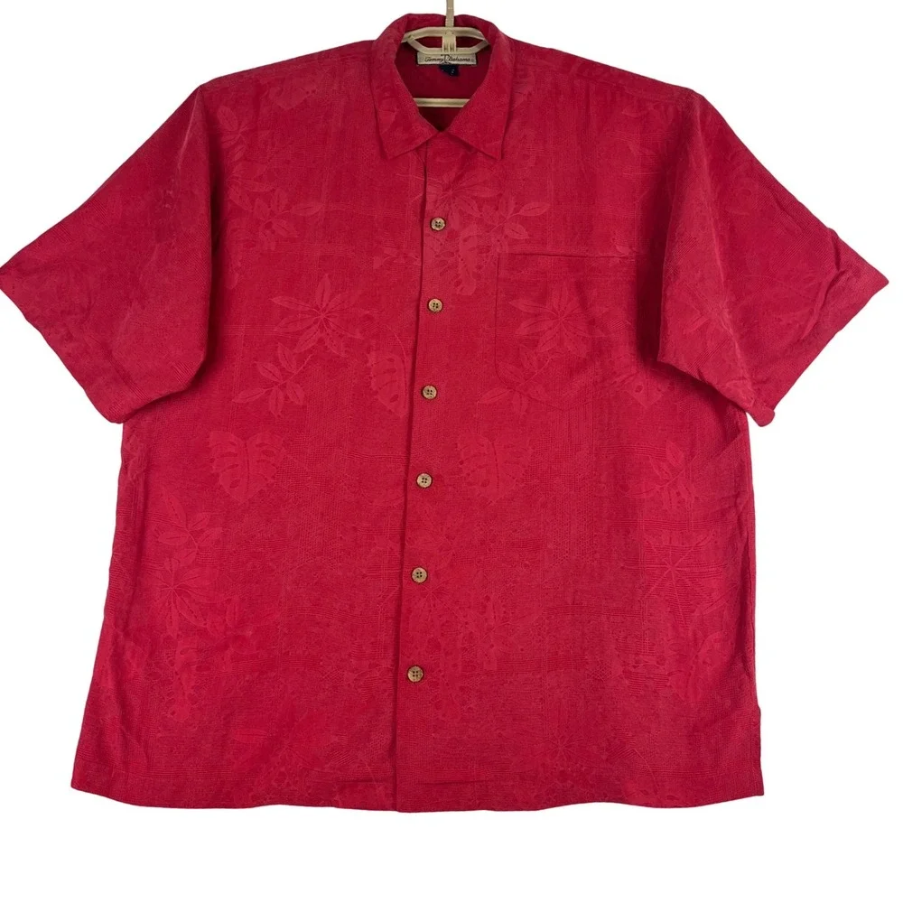 Tommy Bahama Camp Shirt Mens L Red 100% Silk Tropical Jacquard Floral Button Up